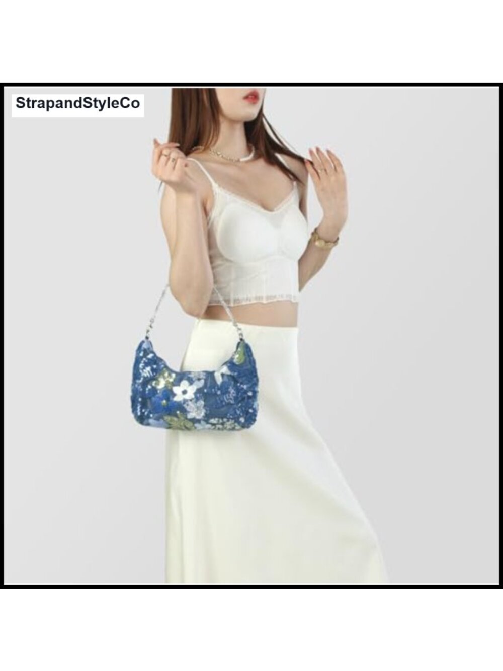 Sequin Floral Embroidered Evening Clutch Chain Shoulder Bag Wedding - Picture 4 of 6